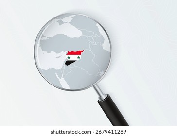 Syria Map Under Magnifying Glass with National Flag Overlay. The image represents geographical focus, national identity, and exploration.