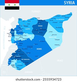 Syria Map Vector Blue Spot - Customizable layered political map of Syria with administrative divisions for website, education, reports, news, politics, print, poster and wallpaper