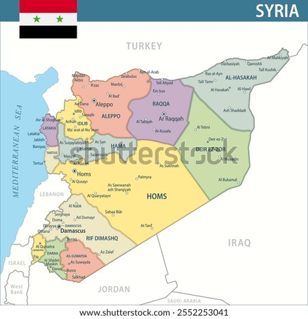 Syria Map Vector New 2024 Colorful - Customizable layered political map of Syria with administrative divisions for website, education, reports, news, politics, print, poster and wallpaper