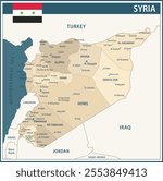 Syria Map Vector Vintage Dark Blue Beige - Customizable layered political map of Syria with administrative divisions for website, education, reports, news, politics, print, poster and wallpaper