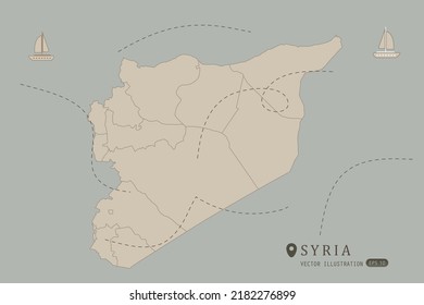 Syria Map - World Map International vector template High detailed with brown color isolated on grey background including simple point of location, wind, boat icon - Vector illustration eps 10