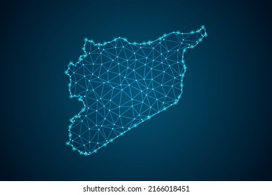 Mapa de Siria - Línea de máscaras del Mapa Mundial y escalas puntuales sobre fondo de tecnología azul. Malla 3D del marco de cables línea de red poligonal, esfera de diseño, punto y estructura - Ilustración vectorial eps 10