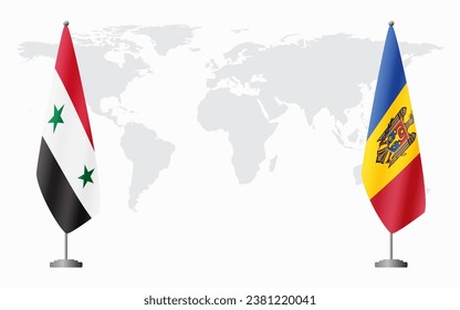 Syria and Moldova flags for official meeting against background of world map.