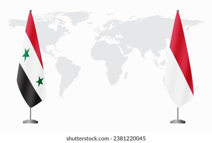 Syria and Monaco flags for official meeting against background of world map.