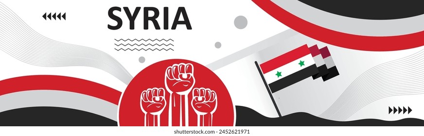 Anuncio del día nacional de Siria, feliz feriado. Anuncio creativo del día de la independencia con la mano levantada. Póster, tarjeta, Anuncio, Plantilla, para celebrar..eps anuales