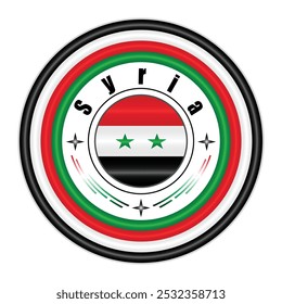 Syria National Pride Badge Vector Art. Circular Emblem with Syria Flag Colors White Red White and Black. Symbolizing Syrian National Identity. Editable Vector EPS Available
