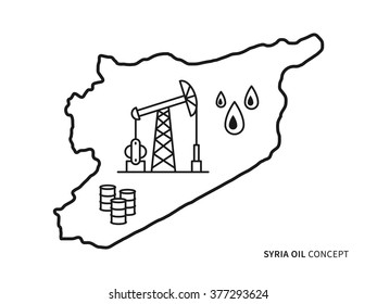 Syria oil linear vector illustration with oil derrick, petroleum, fuel, gasoline, barrel, petrol tower. Syria map creative graphic concept. 
