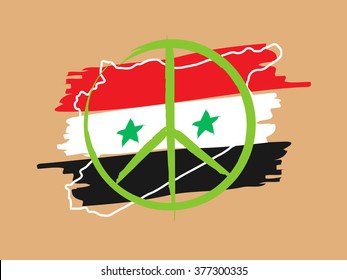 Syria peace linear vector illustration with syria outline map, flag, peace label, stars. Peaceful Syria (peace, freedom, patriotic, pacifism) hand drawn creative graphic concept. 
