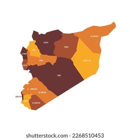 Syria political map of administrative divisions - governorates. Flat vector map with name labels. Brown - orange color scheme.