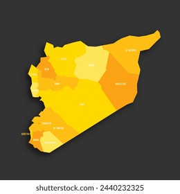 Politische Karte von Verwaltungseinheiten - Gouvernorate. Flache Vektor-Map mit gelben Schattierungen und abgeworfenen Schatten auf dunkelgrauem Hintergrund.