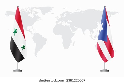Syria and Puerto Rico flags for official meeting against background of world map.