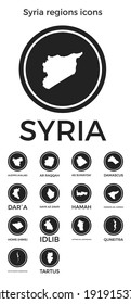 Syria regions icons. Black round logos with country regions maps and titles. Vector illustration.