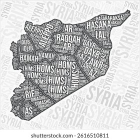 Syria regions map word cloud. Syria region names. Black and white map design. Vibrant vector illustration.