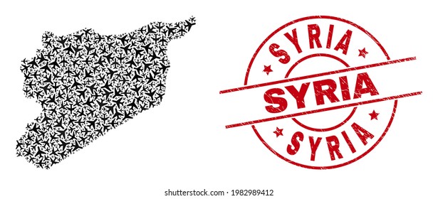 Syria rubber seal, and Syria map mosaic of air force elements. Mosaic Syria map designed of air planes. Red seal with Syria caption, and scratched rubber texture. Illustration for flight schemes.