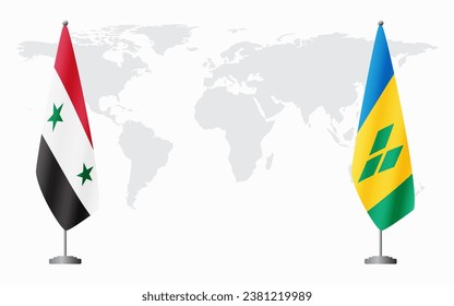 Syria and Saint Vincent and the Grenadines flags for official meeting against background of world map.
