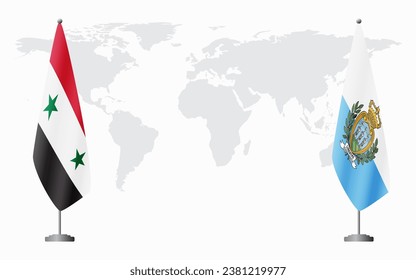 Syria and San Marino flags for official meeting against background of world map.