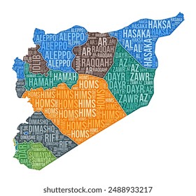 Syria shape with a country word cloud illustrating region division. Vector illustration.