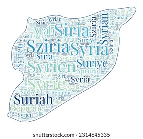 Syria shape filled with country name in many languages. Syria map in wordcloud style. Appealing vector illustration.