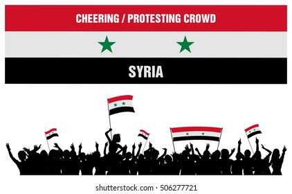 Syria silhouette of cheering or protesting crowd of people with Syrian flags and banners isolated