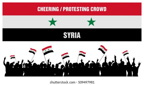Syria silhouette of cheering or protesting crowd of people with Syrian flags and banners isolated