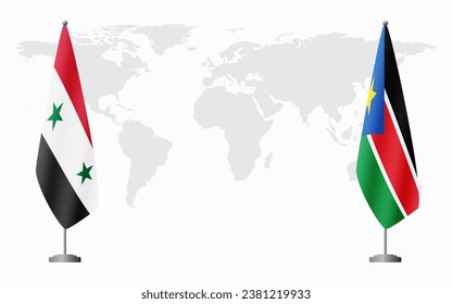 Syria and South Sudan flags for official meeting against background of world map.