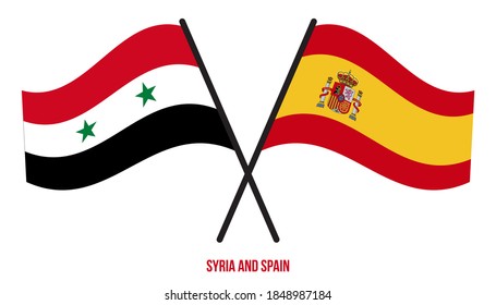 Syria and Spain Flags Crossed And Waving Flat Style. Official Proportion. Correct Colors.