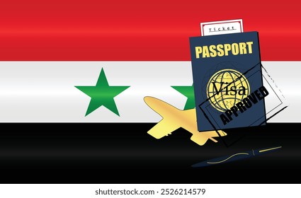 Syria Travel Documentation Concept with blue Passport and Syria Flag. Approved Stamp. Airplane and Travel Tickets. Ideal for Immigration Tourism and Traveling Themes. Vector EPS available