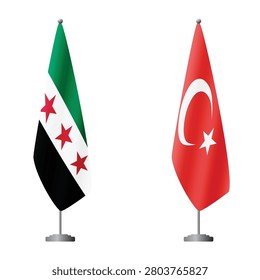 Syria and Turkey flags on flagpoles for official ceremonies and meetings, transparent background vector