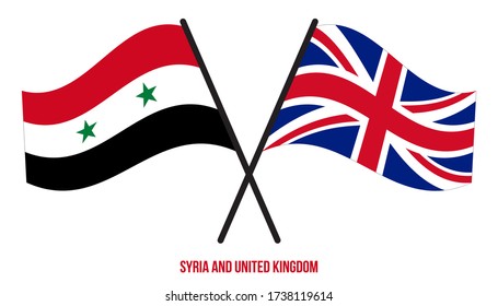 Syria and United Kingdom Flags Crossed And Waving Flat Style. Official Proportion. Correct Colors.