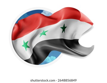Syria, vector 3d flag against a blue sky, through a round hole on a white background