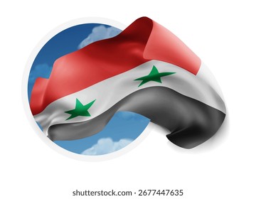 Syria, vector 3d flag against a blue sky, through a round hole on a white background