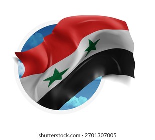 Síria, vetor 3d bandeira contra um céu azul, através de um buraco redondo em um fundo branco
