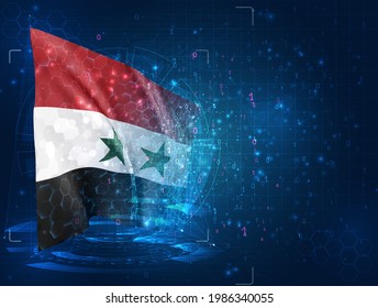 Syria, vector 3d flag on blue background with hud interfaces