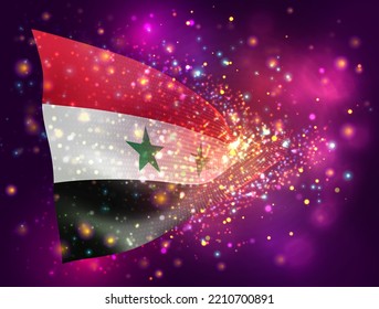 Siria, bandera vectorial 3d sobre fondo púrpura rosa con iluminación y bengalas