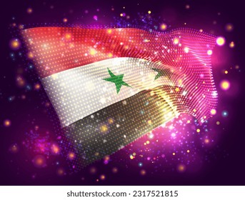 Syrien, Vektor-3D-Flagge auf rosafarbenem violettem Hintergrund mit Beleuchtung und Aromen