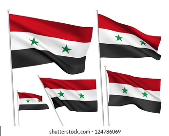 Syria vector flags set. 5 wavy 3D cloth pennants fluttering on the wind. EPS 8 created using gradient meshes isolated on white background. Five fabric flagstaff design elements from world collection