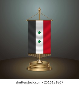 Syria Vertikale Tischfahne mit goldenem Pol auf dunklem Farbverlauf-Hintergrund, Vorlagenbanner, Vektorgrafik