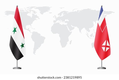 Syria and Wallis and Futuna flags for official meeting against background of world map.