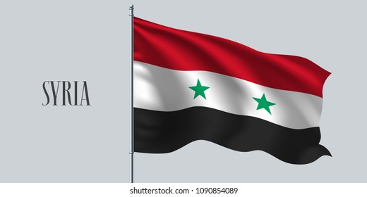 Syria waving flag on flagpole vector illustration. Red white element of Syrian wavy realistic flag as a symbol of country 