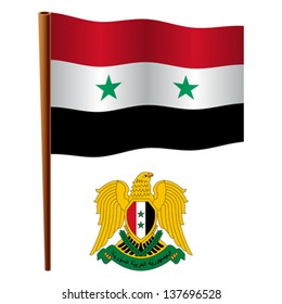 syria wavy flag and coat of arm against white background, vector art illustration, image contains transparency