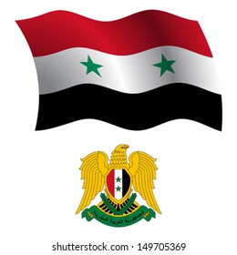 syria wavy flag and coat of arm against white background, vector art illustration, image contains transparency