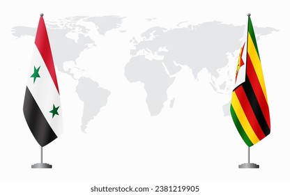 Syria and Zimbabwe flags for official meeting against background of world map.