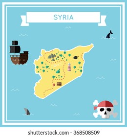 Syrian Arab Republic flat treasure map.. Colorful cartoon treasure map of Syrian Arab Republic with flat icons of pirate ship, jolly roger, treasure chest and banner ribbon.