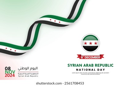 Syrian Arab Republic National Day 2024 – Modern Design with Waving Flag Ribbon and Celebration Details