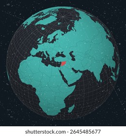 Syrian Arab Republic on Globe. Vintage look with grunge scratched texture. Country view on world map in Dark Charcoal Turquoise color palette. Syria shape on map. Globe with meridians and parallels.