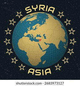 República Árabe Siria en Globe. Country nombre de texto redondo. Antiguas look con textura grunge rayada. Vista de Country en el mapa del mundo en la paleta de colores azul celeste y amarillo claro. Syria shape en el mapa.
