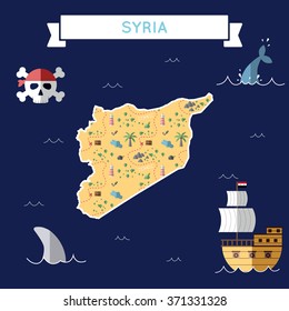 Syrian Arab Republic treasure map in flat design.. Colorful cartoon treasure map of Syrian Arab Republic with flat design icons of pirate ship and jolly roger.