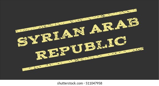 Syrian Arab Republic watermark stamp. Text caption between parallel lines with grunge design style. Rubber seal stamp with dirty texture. Vector khaki yellow color ink imprint on a gray background.