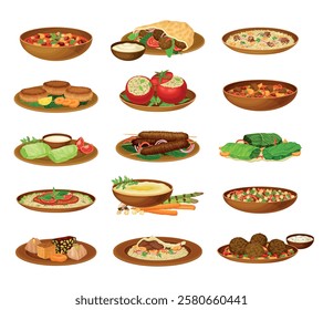 Syrian Cuisine Dish and Traditional Food Vector Set