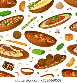 Syrian Cuisine Dish and Traditional Food Seamless Pattern Design Vector Template